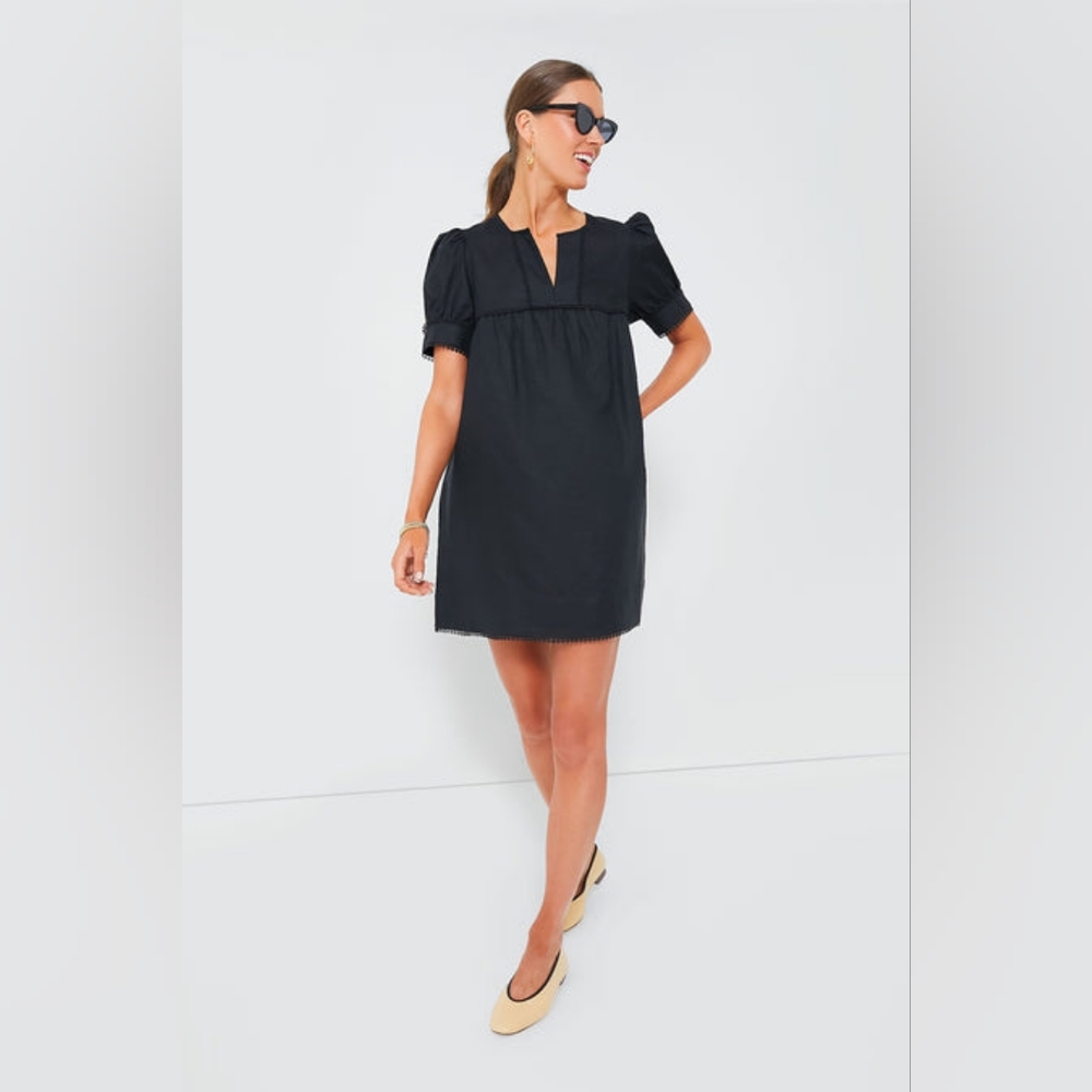 Tuckernuck Black Linen Bridget Puff Sleeve Dress Size s